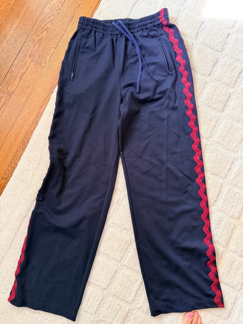 Loeffler Randall Navy Track Pants with Red Wave ric rac Trim